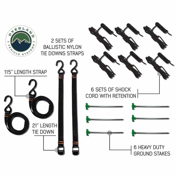 OVS HD Nomadic 270 / 180 Awning Bracket Kit — Feature shot: kit contents: brackets, shock cords, straps and stakes
