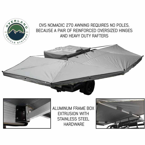 OVS HD Nomadic 270 Awning & 3-Wall Kit Combo — Feature shot: opened freestanding with no poles, held by reinforced oversized hinges