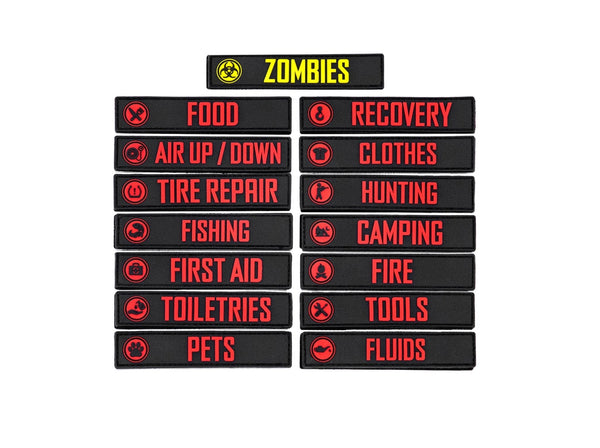 GearBAG PVC Patches — Feature shot: full set of 15 labeled PVC patches arranged together