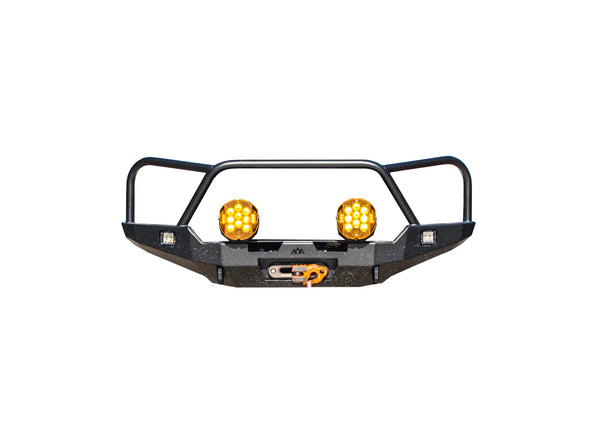 Backwoods Adventure Mods Hi-Lite Bull Bar (2016–2023 Tacoma) — Feature shot: full bumper with triple-hoop bull bar and black powder coat