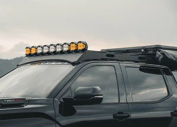 Backwoods Adventure Mods DRIFTR Roof Rack (2022–2027 Tundra) — Feature shot: rack with off-road lights above the wind fairing