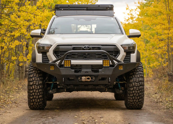 Backwoods Adventure Mods Hi-Lite Prerunner (2024–2027 Tacoma) — Feature shot: prerunner bull bar bumper installed on a 4th gen Tacoma