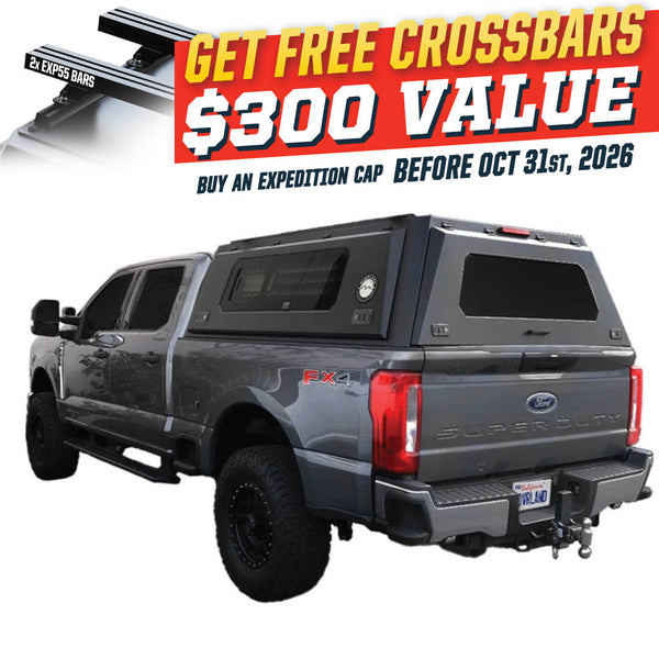 OVS Expedition PRO+ (2023–2027 F-250 / F-350) — Feature shot: three-quarter view with optional OVS crossbars
