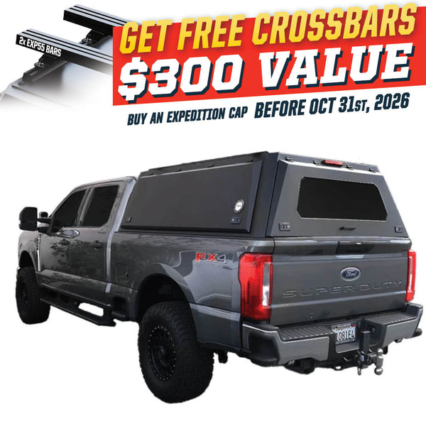 OVS Expedition PRO (2023–2027 F-250 / F-350) — Feature shot: three-quarter view with optional OVS crossbars
