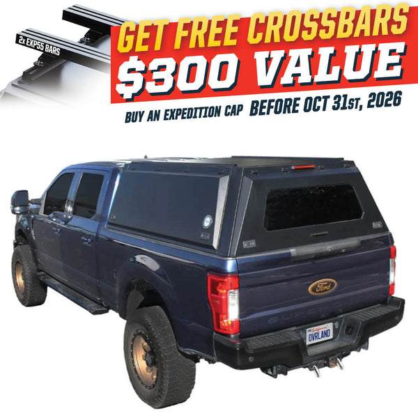 OVS Expedition PRO (2017–2022 F-250 / F-350) — Feature shot: three-quarter view with optional OVS crossbars