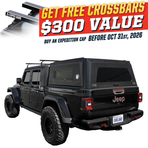 OVS Expedition PRO+ (2020–2027 Gladiator) — Feature shot: three-quarter view with optional OVS crossbars