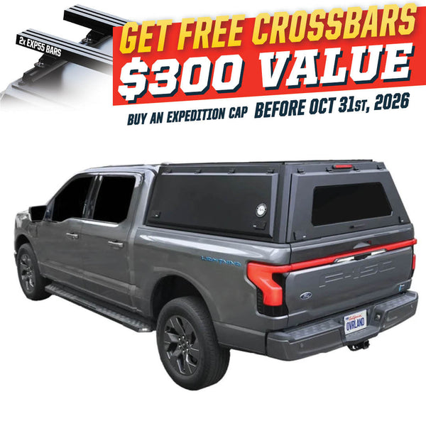 OVS Expedition PRO (2021–2027 F-150) — Feature shot: three-quarter view with optional OVS crossbars