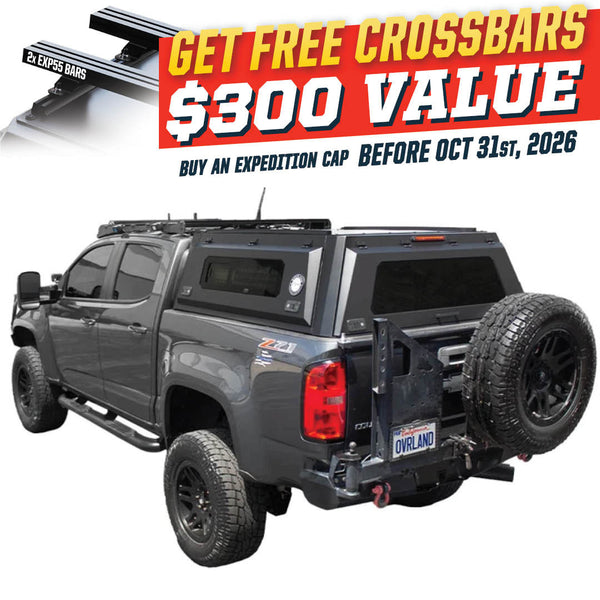 OVS Expedition PRO+ (2015–2022 Colorado / Canyon) — Feature shot: three-quarter view with optional OVS crossbars