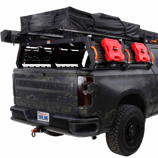 OVS Ruff Rax Bed Rack – 2020–2027 Chevy Silverado / GMC Sierra 2500 / 3500 6.8 ft — Feature shot: three-quarter view