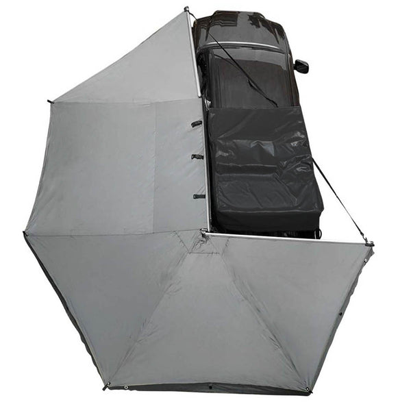 OVS HD Nomadic 270 Awning — Feature shot: overhead view of the fully opened awning with its travel cover