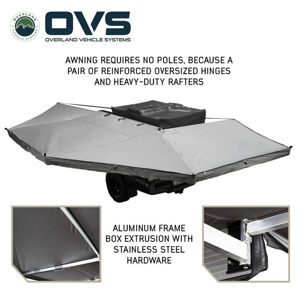 OVS HD Nomadic 270 Awning — Feature shot: opened freestanding with no poles, held by reinforced oversized hinges