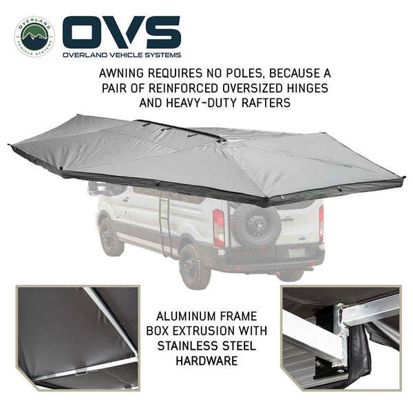 OVS HD Nomadic 270 Awning with Mid/High Roof Van Bracket Kit — Feature shot: opened freestanding on a high-roof van