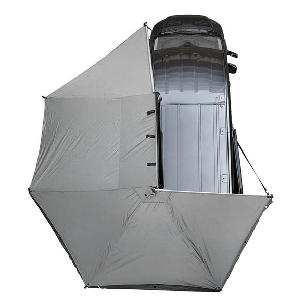 OVS HD Nomadic 270 Awning with Mid/High Roof Van Bracket Kit — Feature shot: overhead view of the fully opened awning with its travel cover