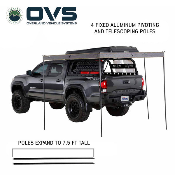 OVS HD Nomadic 270 LTE Awning — Feature shot: four pivoting telescoping poles extending to 7.5 ft