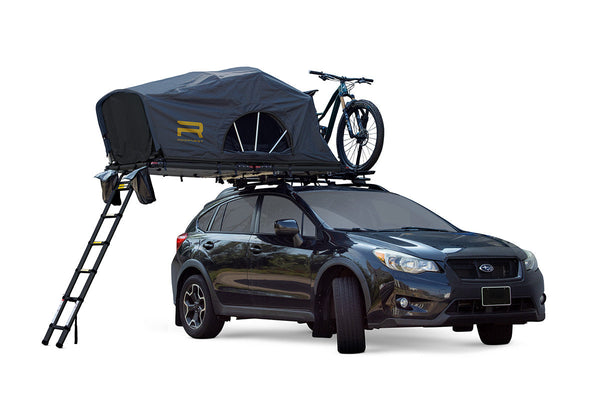 Roofnest Meadowlark — Feature shot: open tent on a Subaru Crosstrek, front view with ladder deployed
