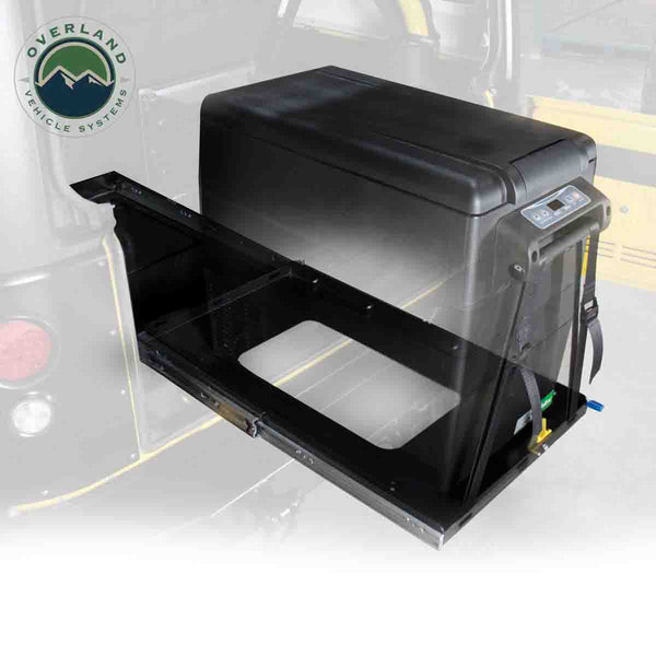 OVS Small Refrigerator Slide & Tilt Tray — Lifestyle shot: installed and in use; a fridge within easy reach at the tailgate.