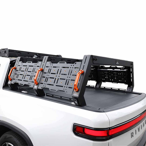 OVS Ruff Rax Bed Rack – 2021–2027 Rivian R1T 4.5 ft — Feature shot: three-quarter view