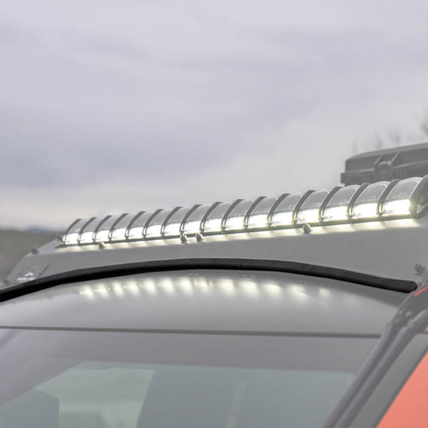 OVS Ruff Rax Roof Rack Noise Reducer — Lifestyle shot: installed and in use; a fully built rack ready for camp.