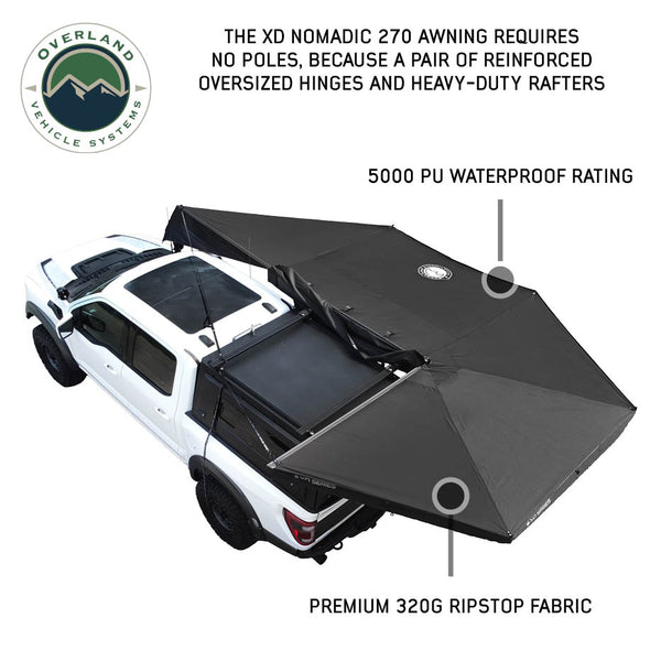 OVS XD Nomadic 270 Awning with Lights & Blackout — Feature shot: opened freestanding with no poles, held by reinforced oversized hinges
