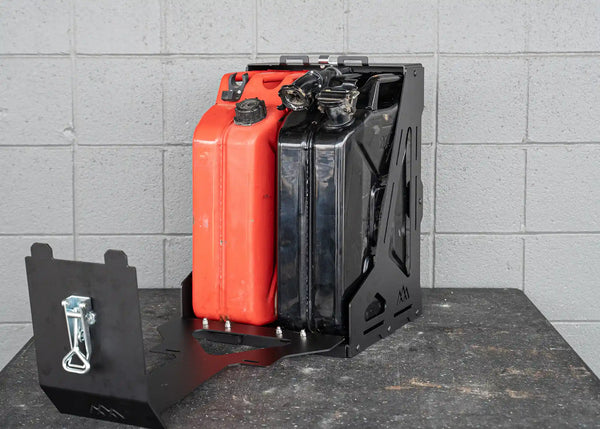 Backwoods Adventure Mods Jerry's Can Dual Holder — Feature shot: holder loaded with fuel and water jerry cans