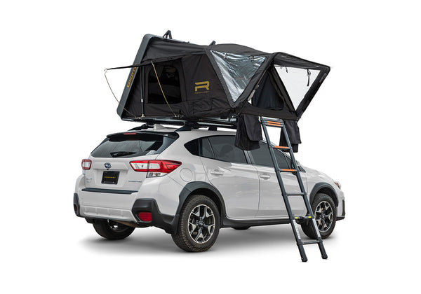 Roofnest Condor 2 Air — Feature shot: closed tent mounted on a Subaru's roof rack, rear view
