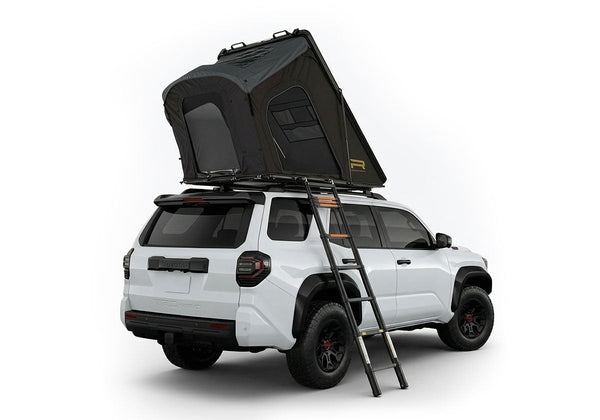 Roofnest Falcon 3 EVO XL Air — Feature shot: open clamshell on a 4Runner roof rack, rear view showing the full canvas walls