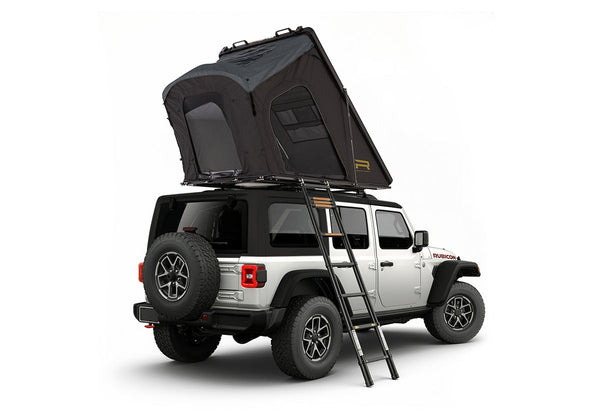 Roofnest Falcon 3 EVO Air — Feature shot: open clamshell on a Jeep Wrangler, rear view with ladder deployed