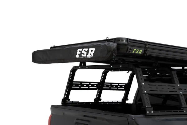 FSR 180 Tailgate Awning — Feature shot: closed in its zippered storage bag, mounted to a rooftop tent on the rear of a Tacoma