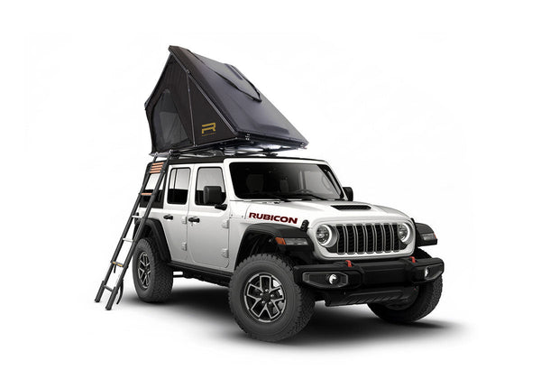 Roofnest Falcon 3 EVO Air — Feature shot: open tent on a white Jeep Wrangler, front three-quarter view