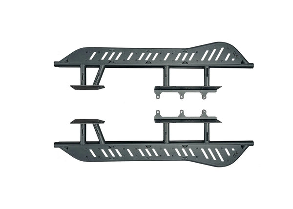 Backwoods Adventure Mods Rock Sliders (2024–2027 Land Cruiser 250) — Feature shot: pair of DOM steel rock sliders for the LC250