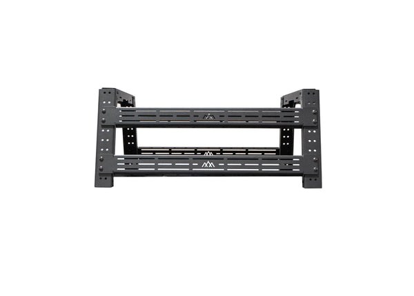 Backwoods Adventure Mods Overland Bed Rack (2005–2027 Tacoma) — Feature shot: complete aluminum rack in black powder coat