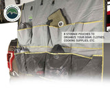 OVS Tent & Awning Organizer — Feature shot: eight pockets loaded with gear