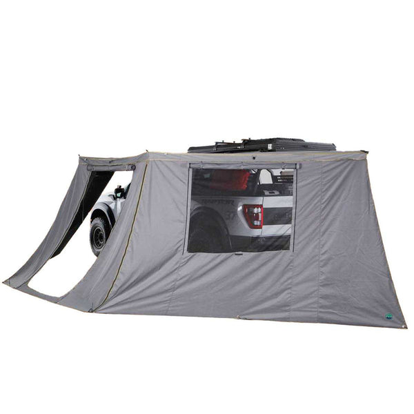 OVS HD Nomadic 180 Awning Wall — Feature shot: side wall with window installed on a 180 awning