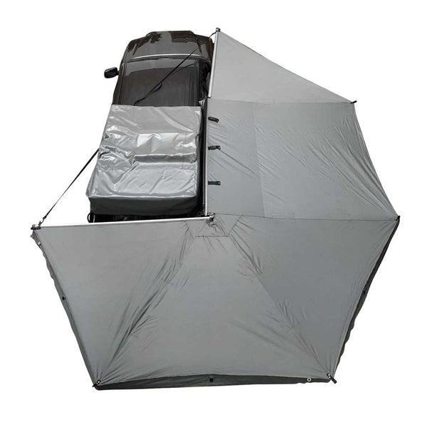 OVS HD Nomadic 270 Awning & 3-Wall Kit Combo — Feature shot: overhead view of the fully opened awning with its travel cover