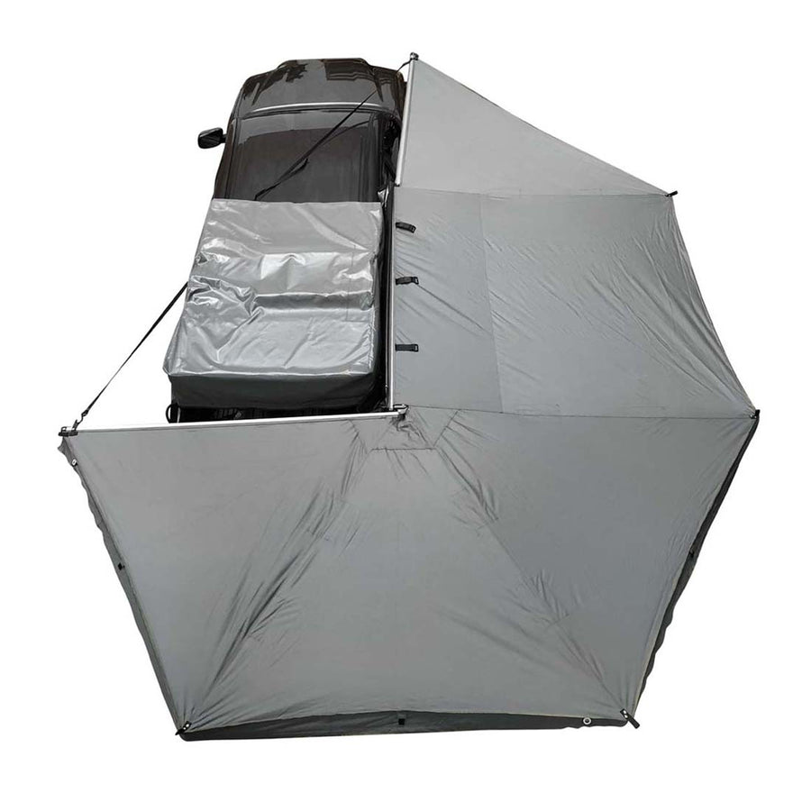 OVS HD Nomadic 270 Awning & 3-Wall Kit Combo — Feature shot: overhead view of the fully opened awning with its travel cover