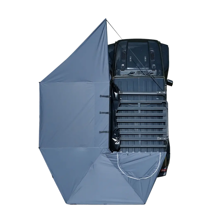 NaturNest 270 Awning Plus — Feature shot: awning deployed showing full 270° shade coverage