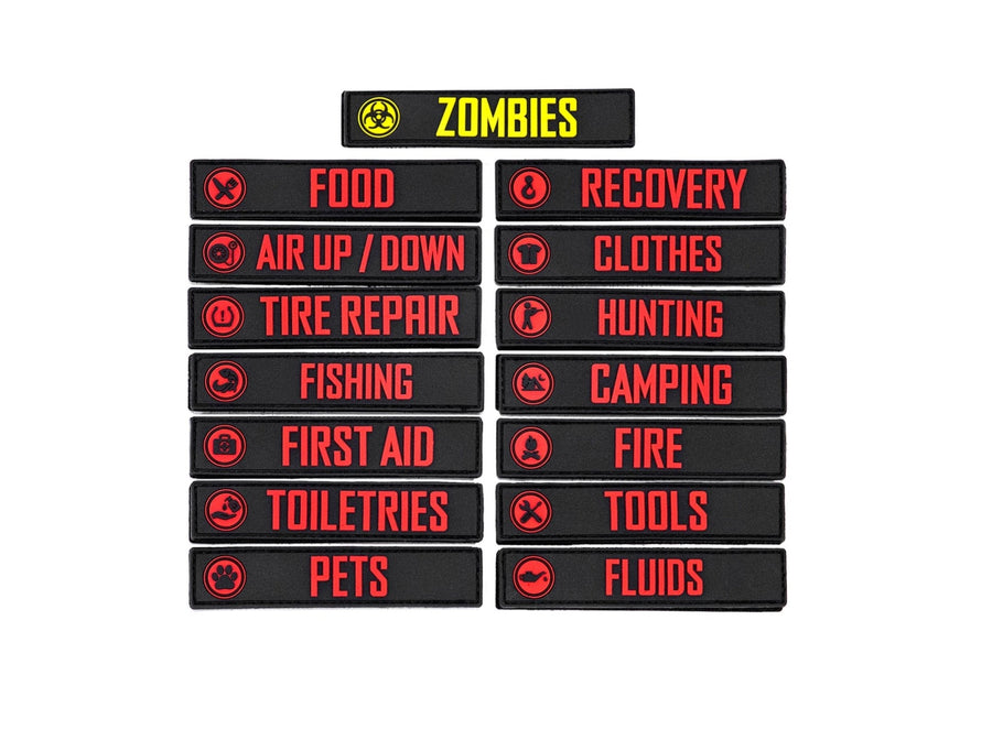 GearBAG PVC Patches — Feature shot: full set of 15 labeled PVC patches arranged together