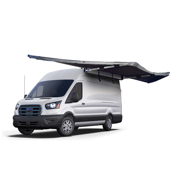 OVS HD Nomadic 180 Awning with Mid/High Roof Van Bracket Kit — Feature shot: deployed on a high-roof van