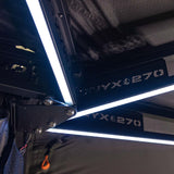 23ZERO Onyx 270 Freestanding Vehicle Awning (Left) — Feature shot: close-up of the truss arm hardware and Onyx 270 logo