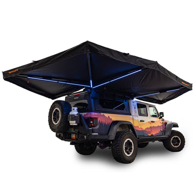 23ZERO Onyx 270 Freestanding Vehicle Awning (Right) — Feature shot: hero product shot of the awning deployed on a Jeep Gladiator