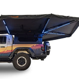 23ZERO Onyx 270 Freestanding Vehicle Awning (Left) — Feature shot: rear view of the deployed awning showing the integrated RGB LED lighting