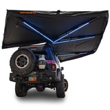 23ZERO Onyx 270 Freestanding Vehicle Awning (Right) — Feature shot: rear pass-through opening with RGB LED lighting illuminated