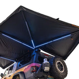 23ZERO Onyx 270 Freestanding Vehicle Awning (Left) — Feature shot: rear view highlighting the aluminum truss arms and LED lighting