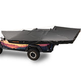 23ZERO Onyx 270 Freestanding Vehicle Awning (Left) — Feature shot: overhead view of the deployed awning showing the full 270-degree arc