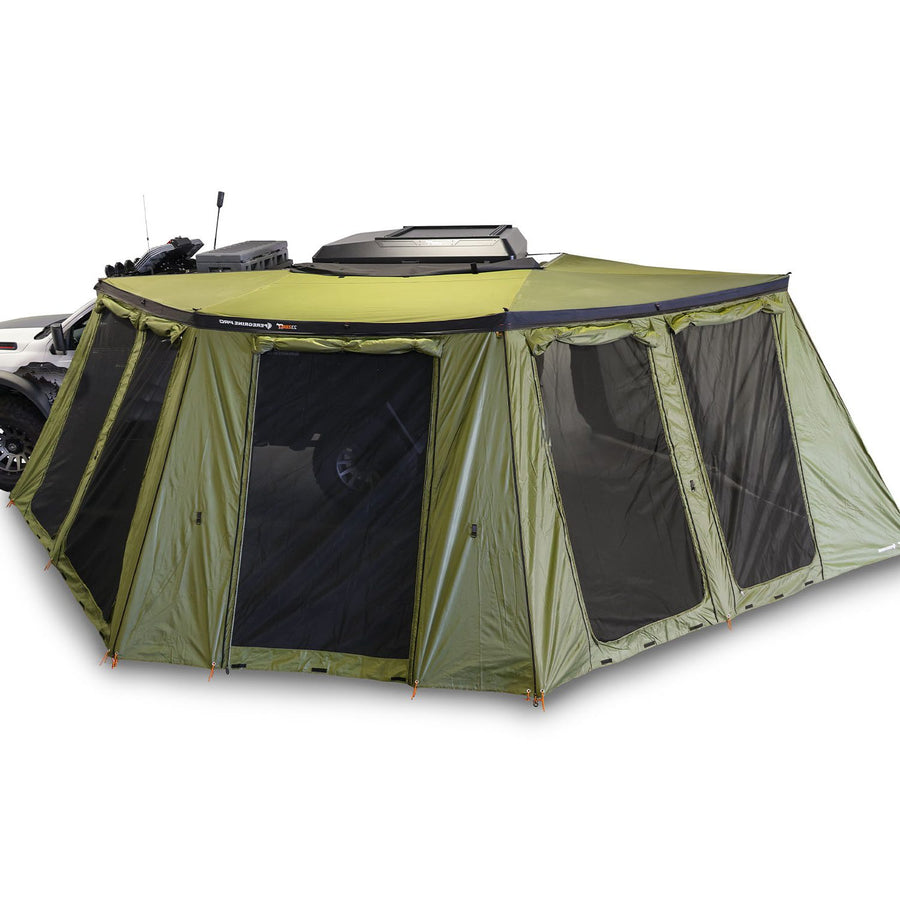 23ZERO Peregrine PRO 5 Arm 270 Degree Awning Wall Kit (Left) — Feature shot: full wall kit deployed with zippered doors and mesh screens for ventilated walk-in access