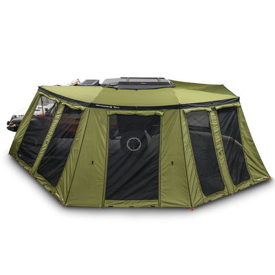 23ZERO Peregrine PRO 6 Arm 270 Degree Awning Wall Kit (Left) — Feature shot: three-wall kit deployed on the driver side of a Jeep Gladiator's Peregrine PRO 6 270° awning