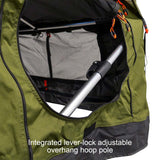 23ZERO Walkabout 62 2.0 — Feature shot: adjustable hoop pole supporting the overhang for customizable coverage