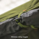 23ZERO Walkabout 62 2.0 — Feature shot: toggle and cord system used to roll up and secure the window panels