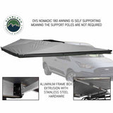 OVS HD Nomadic 180 Awning with Mid/High Roof Van Bracket Kit — Feature shot: opened freestanding with no poles, held by reinforced oversized hinges