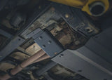 Backwoods Adventure Mods Aluminum Skid Plate System (2005–2023 Tacoma) — Feature shot: skid plate frame mount